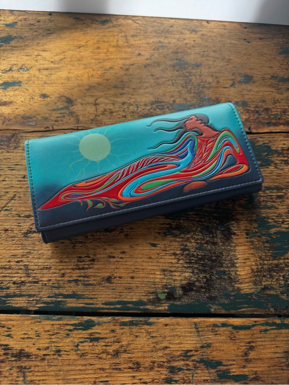 Teal Wallet with Multicolor Wave Woman Artwork
